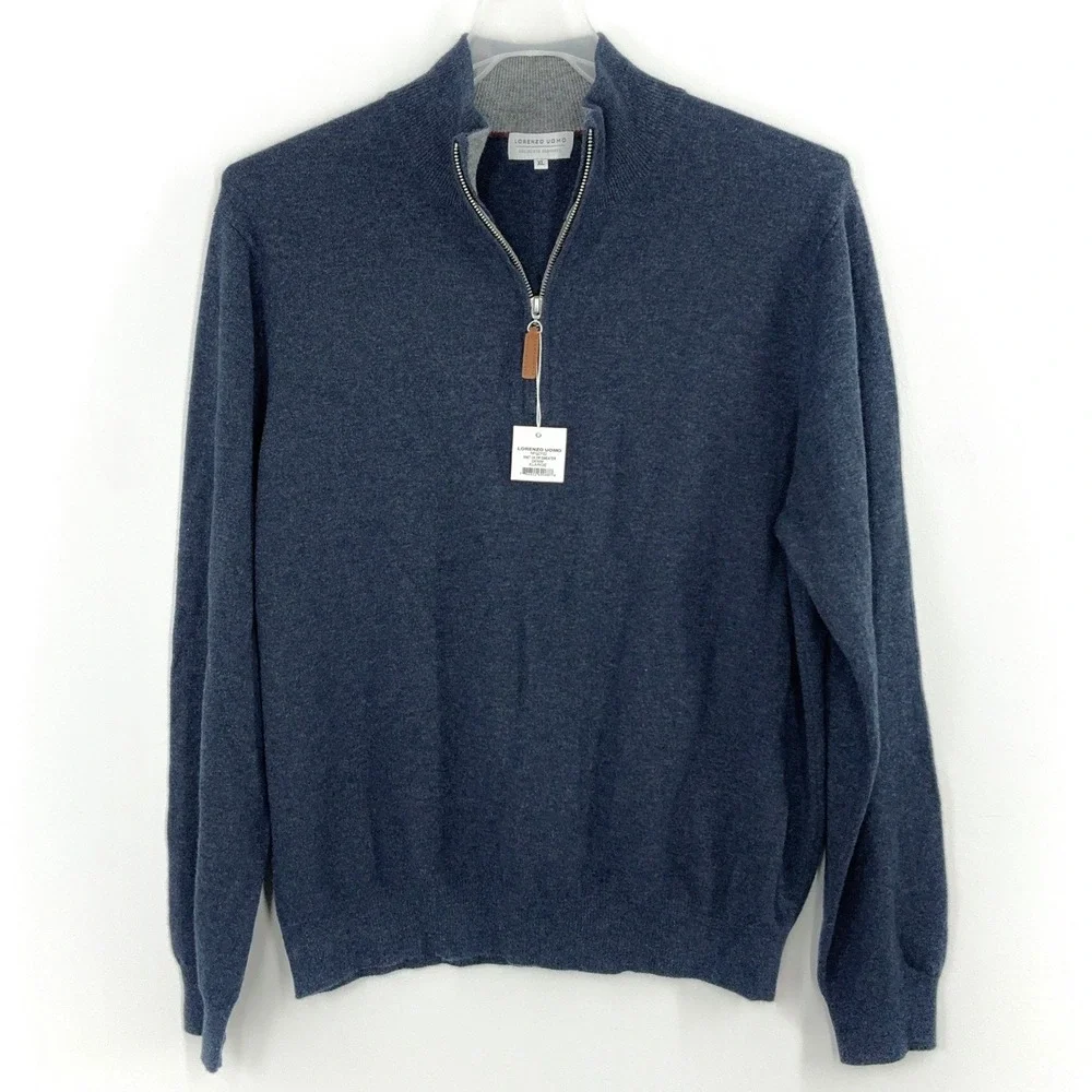 NEW Lorenzo Uomo 1/4 Zip Sweater Men's XL Merino Wool Cashmere Blend Blue NWT - Picture 7 of 9